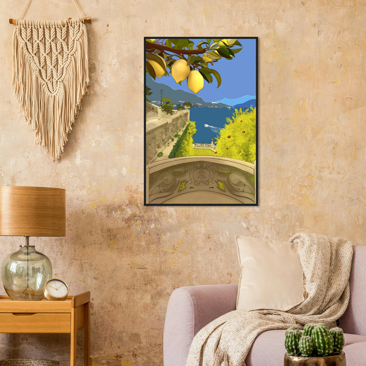 Wooden framed artwork of a travel-style illustration of a Mediterranean coastal scene viewed from an ornate terrace, with lemons hanging from a tree in the foreground, blue sea, mountains, and a bright sky.

Title: Scenes from Lake Como in Italy. Created by artfulChaos